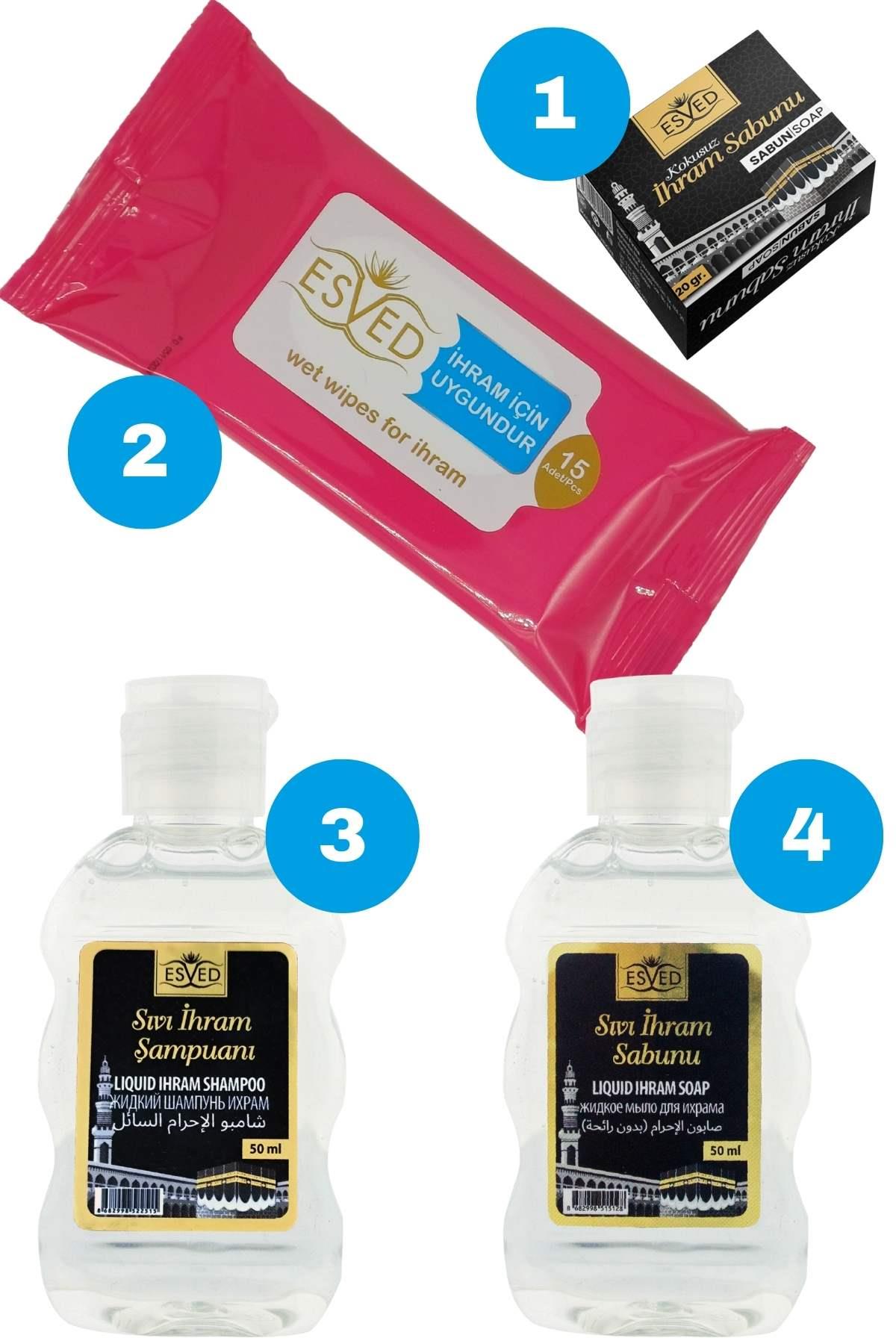 Ihram-Set, unparfümierte Flüssigseife, unparfümiertes Ihram-Flüssigshampoo, unparfümierte Feuchttücher, unparfümierte Seife (20 g)