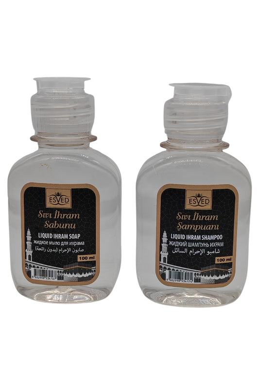 Unparfümierte Flüssigseife, Unparfümierte Ihram-Seife und Unparfümiertes Flüssigshampoo, Unparfümiertes Ihram-Shampoo, Unparfümierte Seife 100 ml.